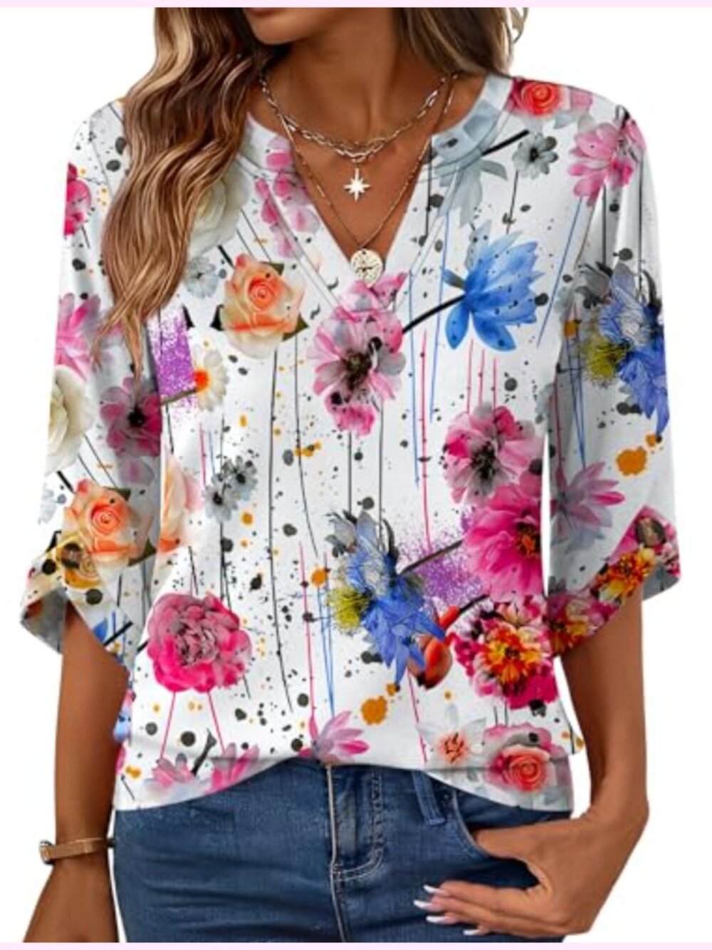 3/4 Length Sleeve V Neck Tunic Top Flowy Blouse Casual Tee